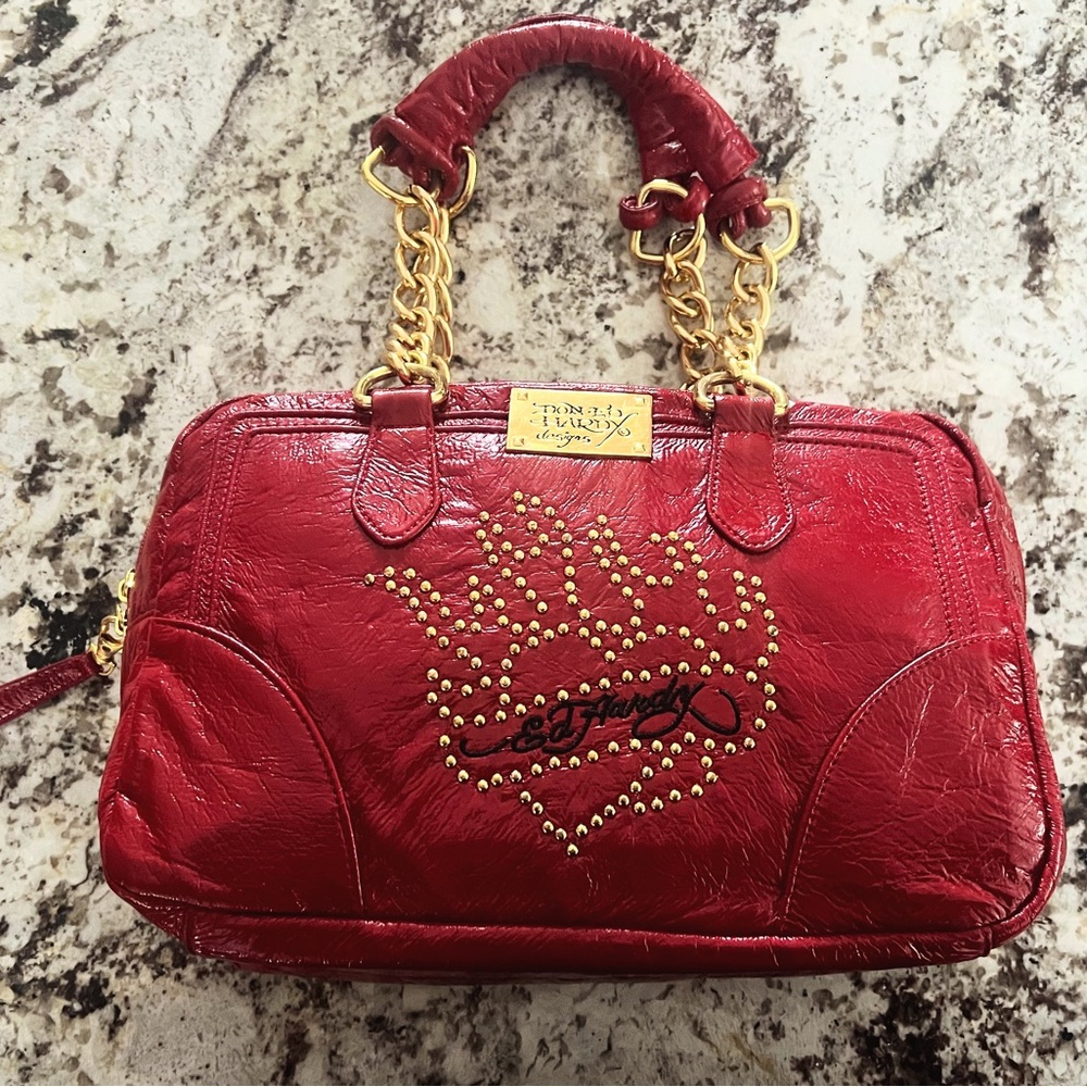 Ed Hardy Red Satchel with Gold Chains